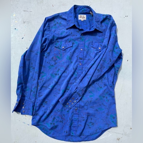 Men's Ely Cattleman Western Shirt Blue Art 15 1/2 Ranch Cotton Cowboy Rodeo Work - Picture 7 of 12